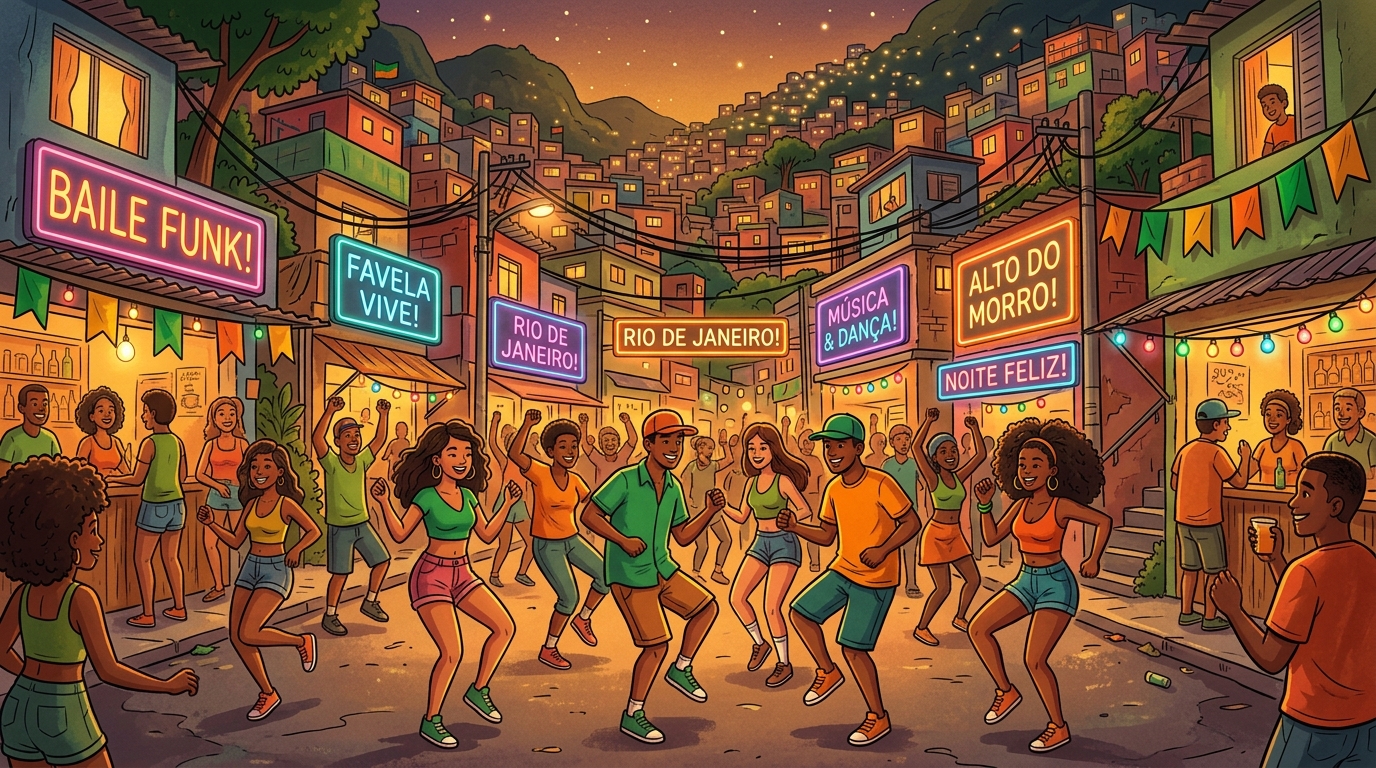 A bustling baile funk scene with neon lights and dancers in a Rio favela
